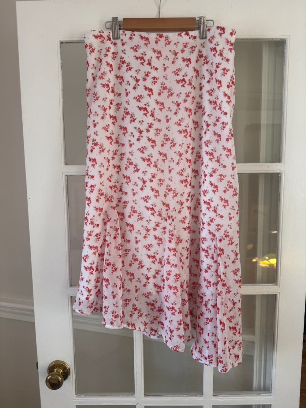 Hollister Asymmetrical Red and White Floral Ruffle Midi Skirt
